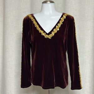 BANANA REPUBLIC rich burgundy royal velvet gold golden trim blouse shirt top